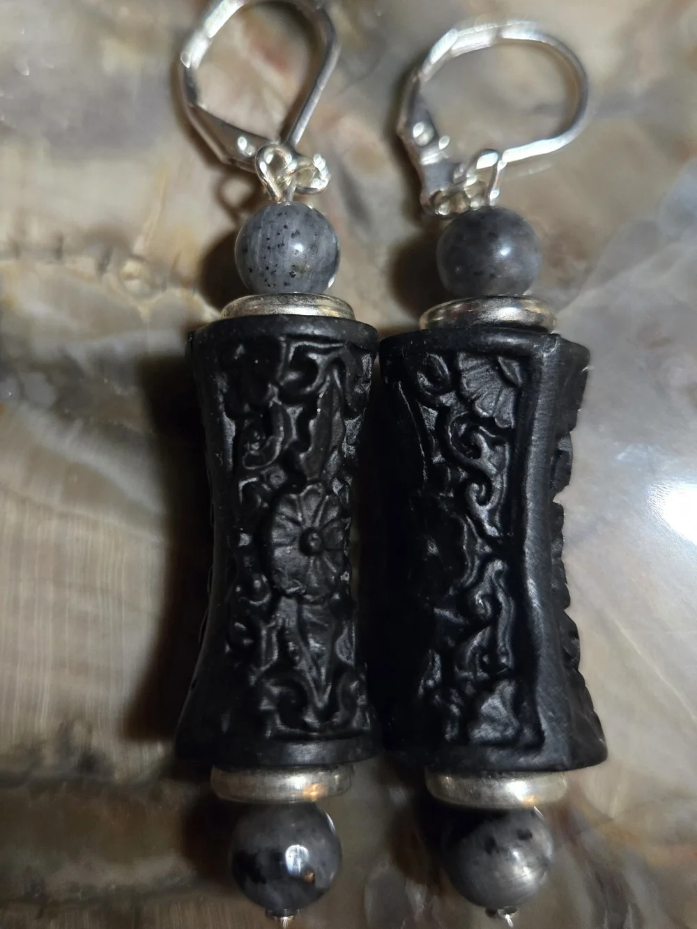 Artisan Black Carved Cinnabar And Larvikite Earrings - Picture 1 of 3
